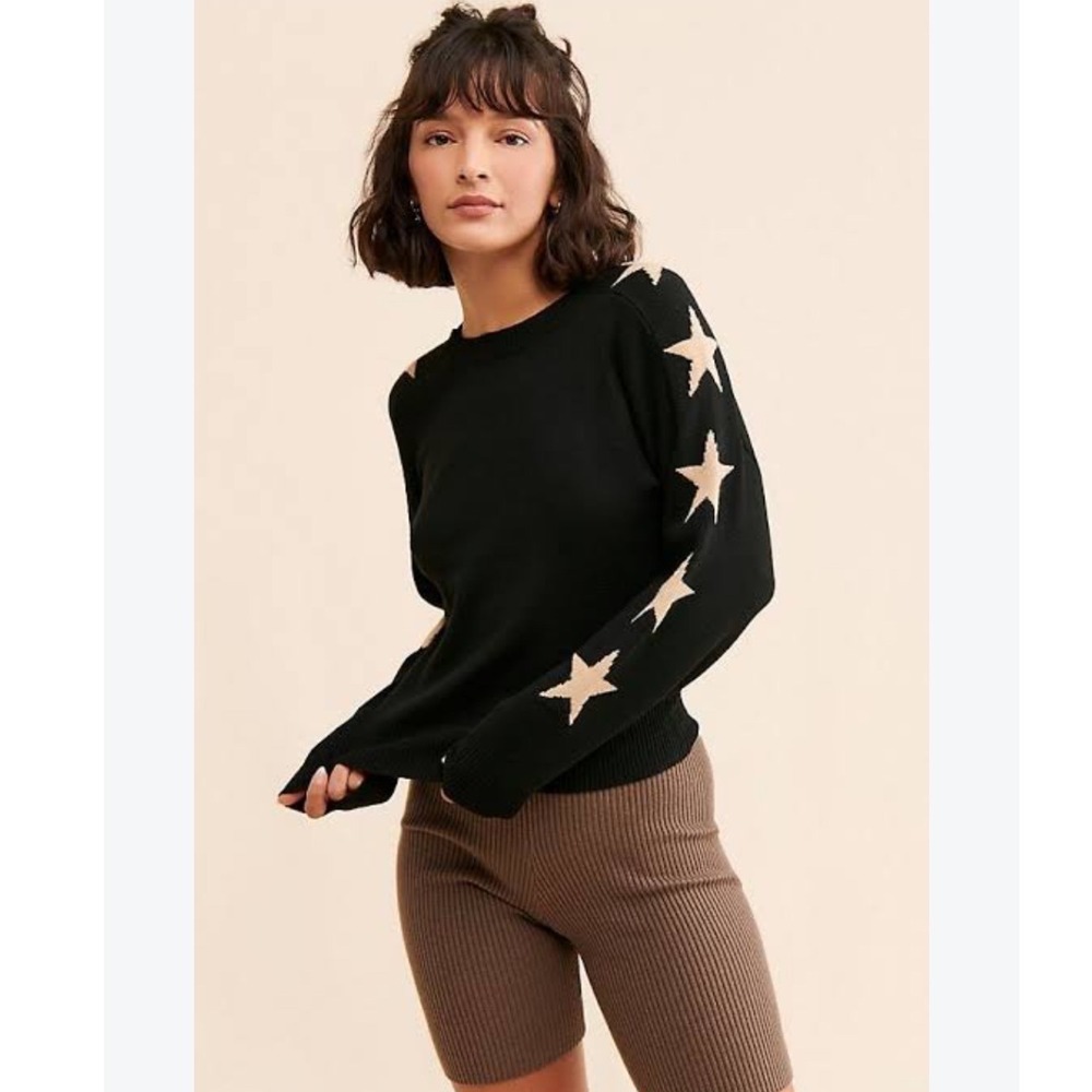 Theo & Spence Star Sleeve Black Knit Loungewear Crewneck Sweater Medium Cozy